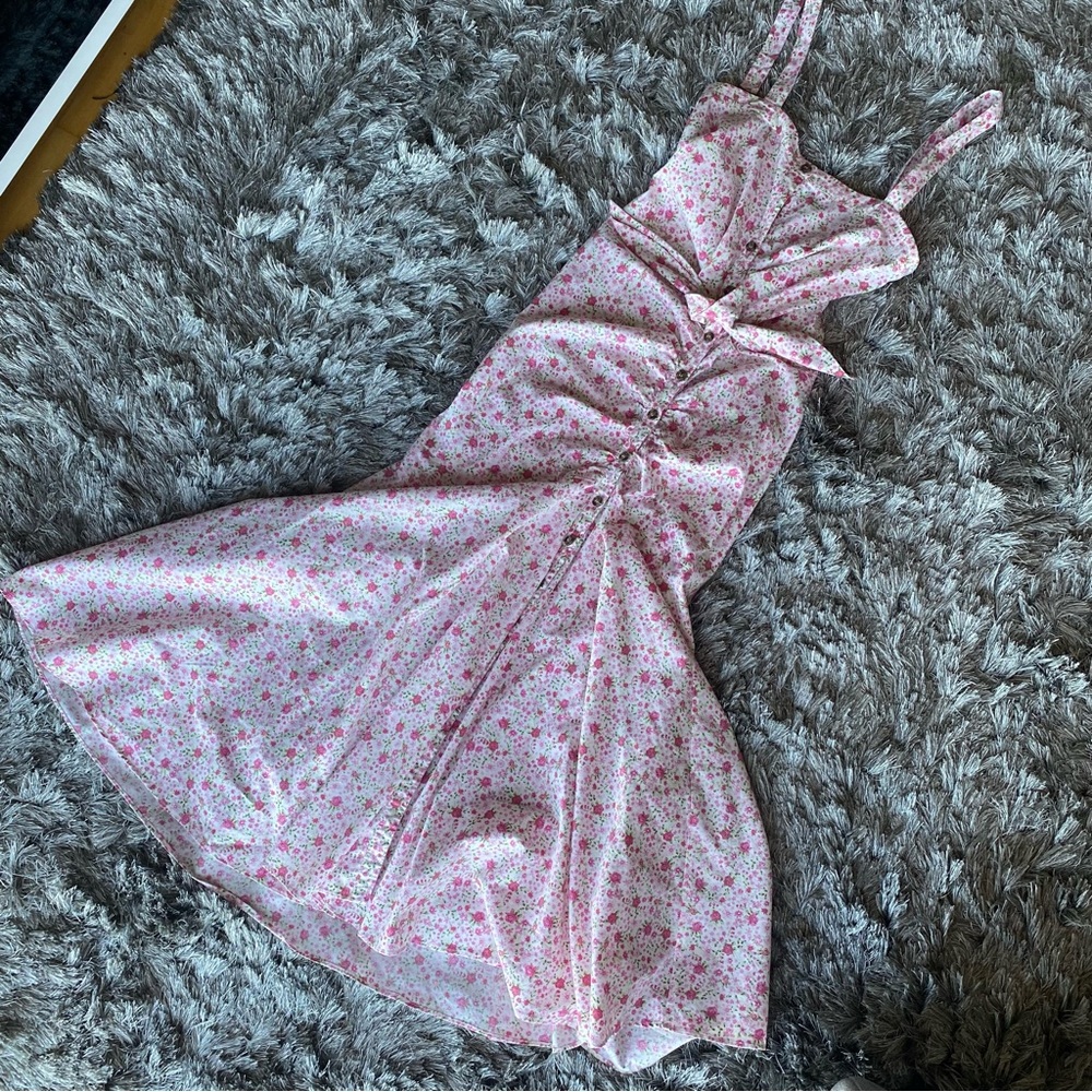 Likely brand floral maxi sundress with tight bow tie bodice